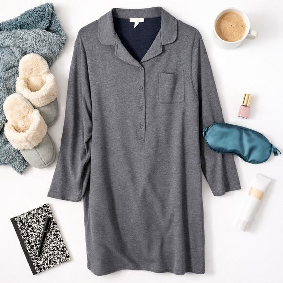 Berkshire Homewear French Terry Sleep Shirt Gray Button Front XL New - Picture 3 of 10